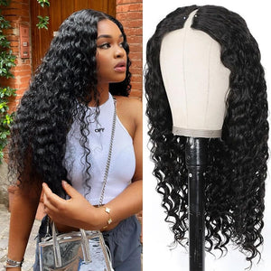 Deep Wave V Part Wig Human Hair 12A V Shape Wigs Upgrade U Part Wigs Deep Wave Wigs for Women Curly V Part Wigs Wear and Go Glueless Human Hair Wig 16Inch