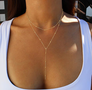 Lariat Gold Necklace for Women, Dainty Long Necklace 14K Gold Plated/Silver Y-Shaped Pendant Necklace Trendy Layered Cz Beaded Chain Drop Necklaces Simple Gold Jewelry for Women Gift