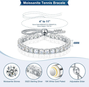 Moissanite Tennis Bracelet, 1.52Ct-7.76Ct Diamond Bracelets for Women, 18K White Gold Plated S925 Sterling Silver Adjustable Tennis Bracelets, D Color VVS1 round Brilliant Cut Lab Created Moissanite Bracelets Trendy Gifts for Her