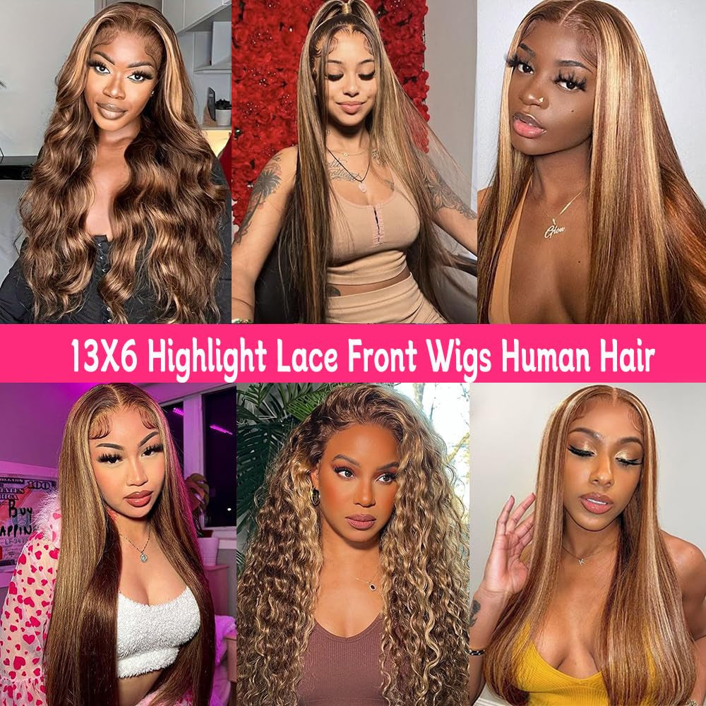 Highlight Ombre Lace Front Wig Human Hair 28Inch Honey Blonde Lace Front Wigs Human Hair 13X6 HD Lace Front Wig Human Hair 180% Density 4/27 Colored Straight Human Hair Pre Plucked with Baby Hair