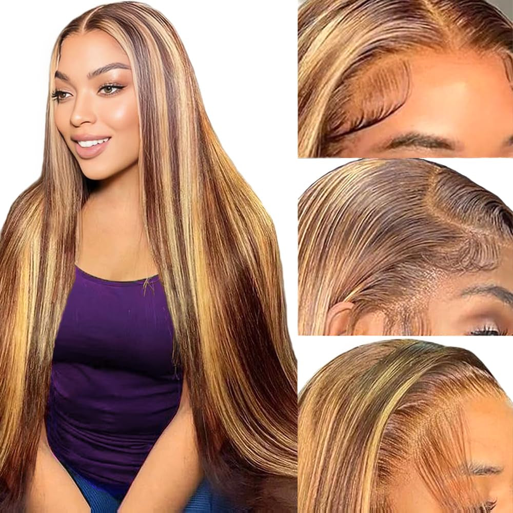 Highlight Ombre Lace Front Wig Human Hair 28Inch Honey Blonde Lace Front Wigs Human Hair 13X6 HD Lace Front Wig Human Hair 180% Density 4/27 Colored Straight Human Hair Pre Plucked with Baby Hair