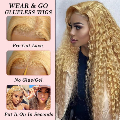 Honey Blonde Curly Wig Human Hair 18 Inch Blonde Deep Wave Lace Front Wig 13X4 Honey Blonde Glueless Curly Wig Pre Plucked Pre Cut 180% Density Honey Blonde Deep Wave Wig Human Hair