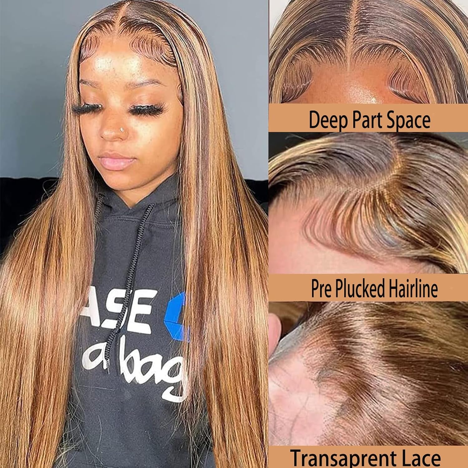 Highlight Ombre Lace Front Wig Human Hair 28Inch Honey Blonde Lace Front Wigs Human Hair 13X6 HD Lace Front Wig Human Hair 180% Density 4/27 Colored Straight Human Hair Pre Plucked with Baby Hair