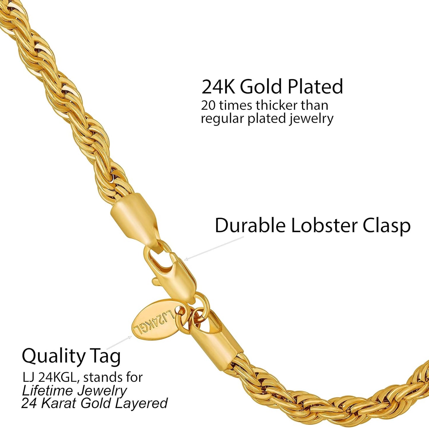 6Mm Rope Chain Bracelets for Women and Men 24K Real Gold Plated