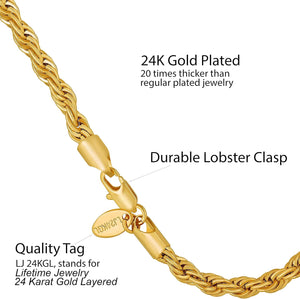 6Mm Rope Chain Bracelets for Women and Men 24K Real Gold Plated