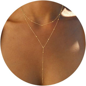 Lariat Gold Necklace for Women, Dainty Long Necklace 14K Gold Plated/Silver Y-Shaped Pendant Necklace Trendy Layered Cz Beaded Chain Drop Necklaces Simple Gold Jewelry for Women Gift