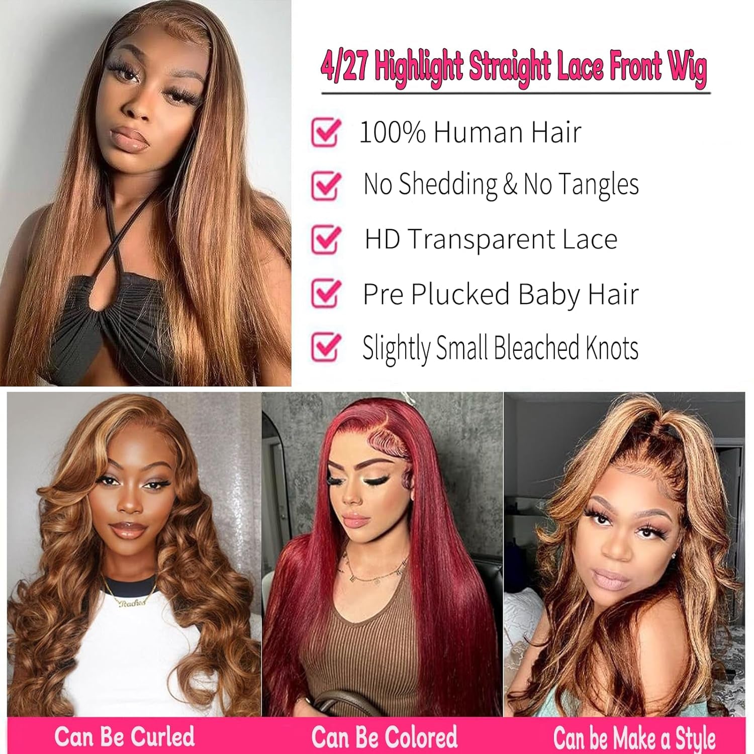 Highlight Ombre Lace Front Wig Human Hair 28Inch Honey Blonde Lace Front Wigs Human Hair 13X6 HD Lace Front Wig Human Hair 180% Density 4/27 Colored Straight Human Hair Pre Plucked with Baby Hair