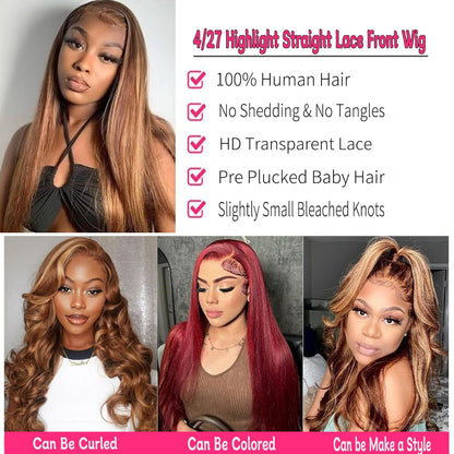 Highlight Ombre Lace Front Wig Human Hair 28Inch Honey Blonde Lace Front Wigs Human Hair 13X6 HD Lace Front Wig Human Hair 180% Density 4/27 Colored Straight Human Hair Pre Plucked with Baby Hair