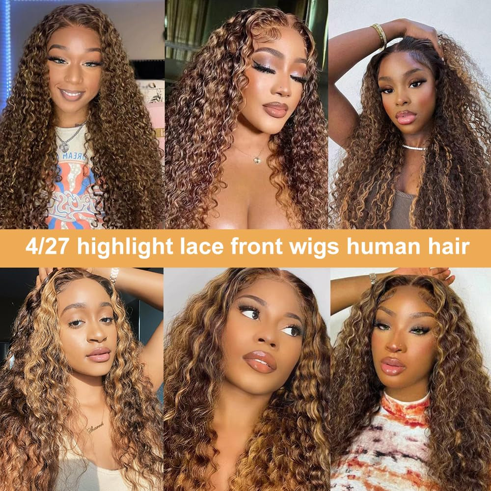 Ombre Lace Front Wig Human Hair 13X4 HD Transparent Deep Wave for Women 180% Density 4/27 Honey Blonde Colored Highlight Curly Glueless Wigs 20Inch Pre Plucked with Baby Hair