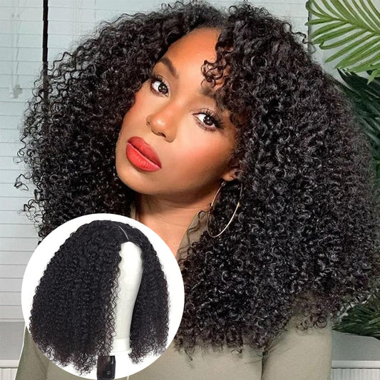 V Part Wig Human Hair Upgrade U Part Wig Human Hair Wigs for Women 180% Density Glueless V Part Wigs Human Hair No Leave Out Afro Curly V Shape Wigs Natural Color 18 Inch