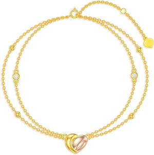 14K Solid Gold Heart Layered Bracelets for Women - Dainty Layering Bracelets Yellow Gold Double Link Charm Layered Bracelets