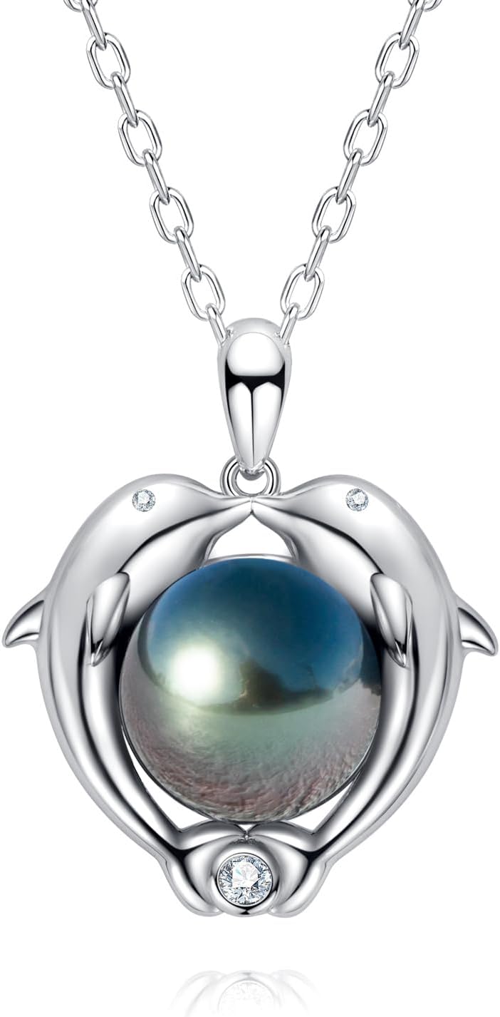 10-11MM Tahitian Black Pearl with Moissanite Dolphin Pendant Necklace, AAAA Handselected Black Pearls, D Color Moissanite, 18K White Gold Plated Sterling Silver, 45+2+3mm Adjustable Chain