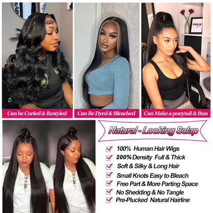 32 Inch Straight Lace Front Wigs Human Hair Pre Plucked 13X4 HD Transparent Glueless Wigs Human Hair 220% Density Straight Lace Frontal Wigs Human Hair Wigs for Women with Baby Hair