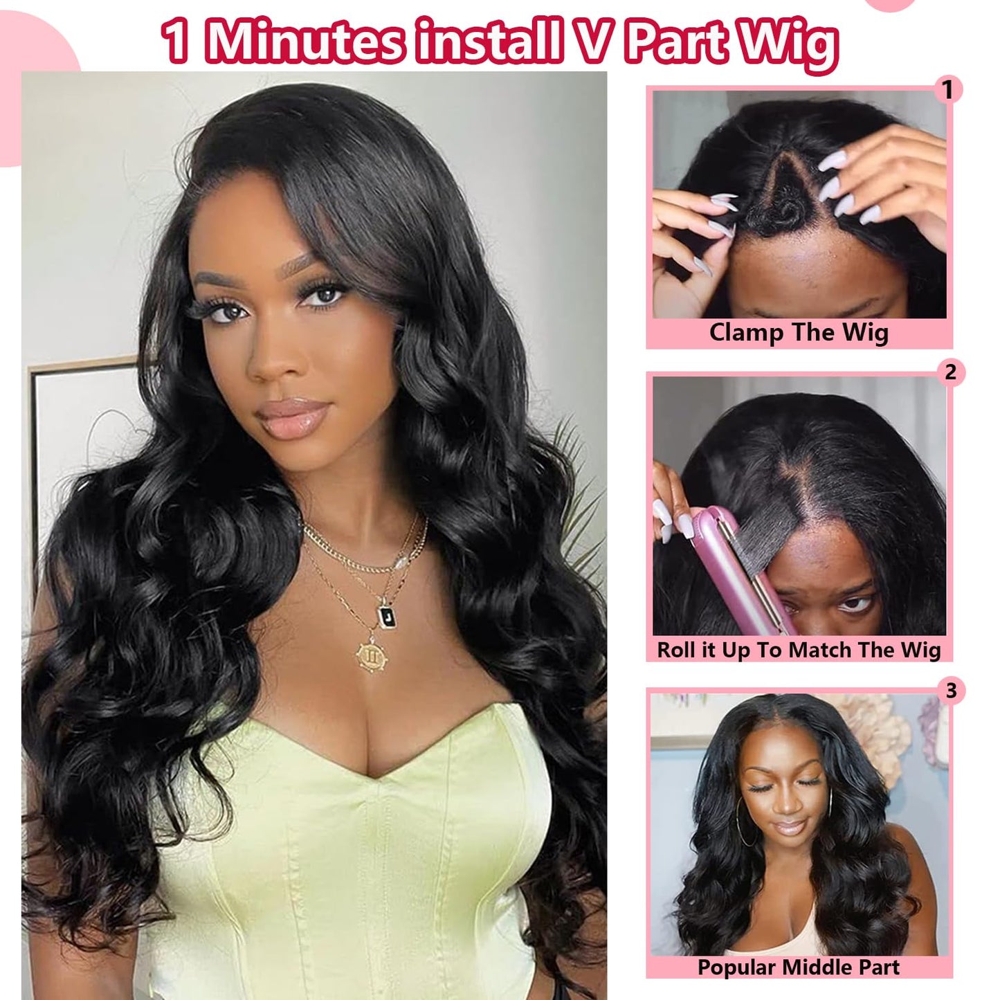 V Part Wig Human Hair Body Wave for Black Women Wigs Human Hair Glueless Wear and Go U Part Human Hair Wig 100% Body Wave Human Hair Wig Beginner Friendly 180% Density Natural Color (16 Inch)