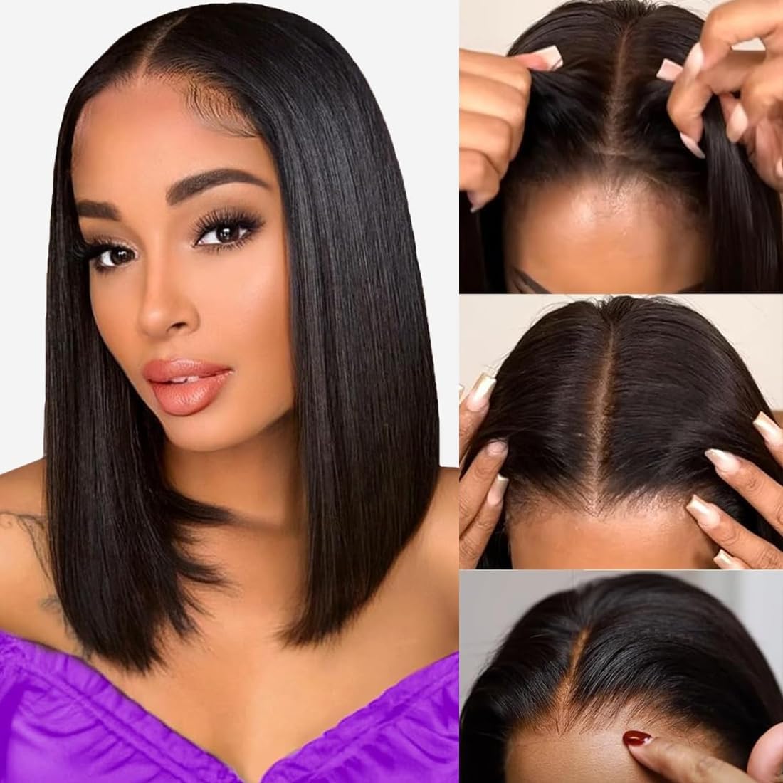 Wear and Go Glueless Bob Wig Human Hair Pre Plucked Pre Cut 180% Density 5x5 HD Transparent Lace Front Wigs Human Hair for Black Women Short Straight Bob Wigs No Glue Lace Closure Wigs 10 Inch