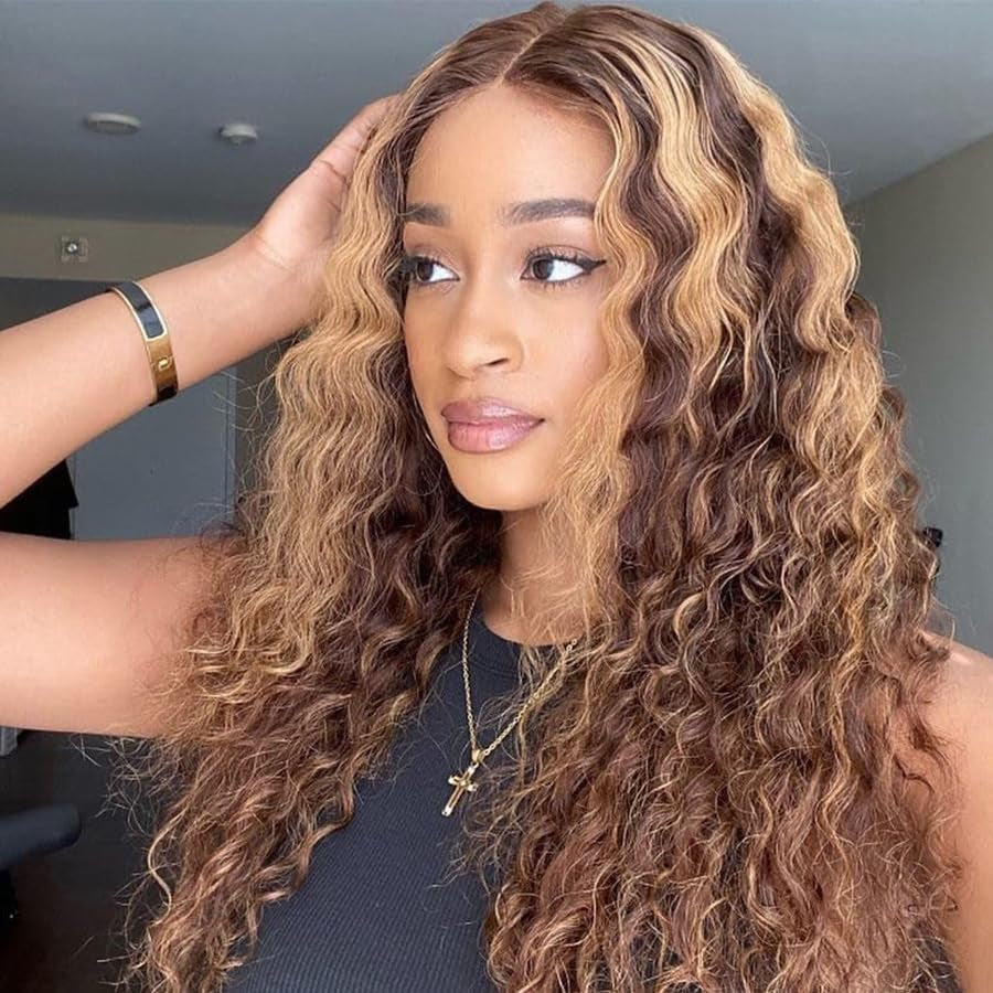 Ombre Lace Front Wig Human Hair 13X4 HD Transparent Deep Wave for Women 180% Density 4/27 Honey Blonde Colored Highlight Curly Glueless Wigs 20Inch Pre Plucked with Baby Hair