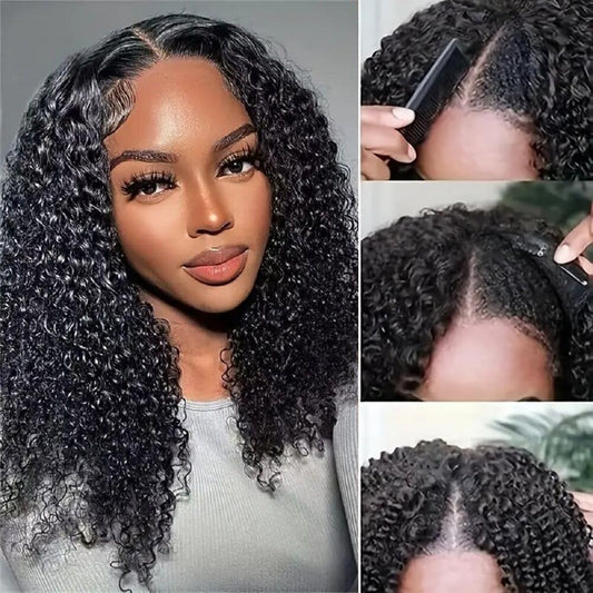 V Part Wig Human Hair Curly No Leave Out Upgrade U Part Human Hair Wigs for Women 180% Density Glueless V Shape Wig Kinky Curly Wig Natural Color 16 Inch