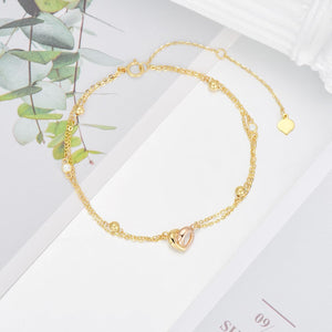 14K Solid Gold Heart Layered Bracelets for Women - Dainty Layering Bracelets Yellow Gold Double Link Charm Layered Bracelets