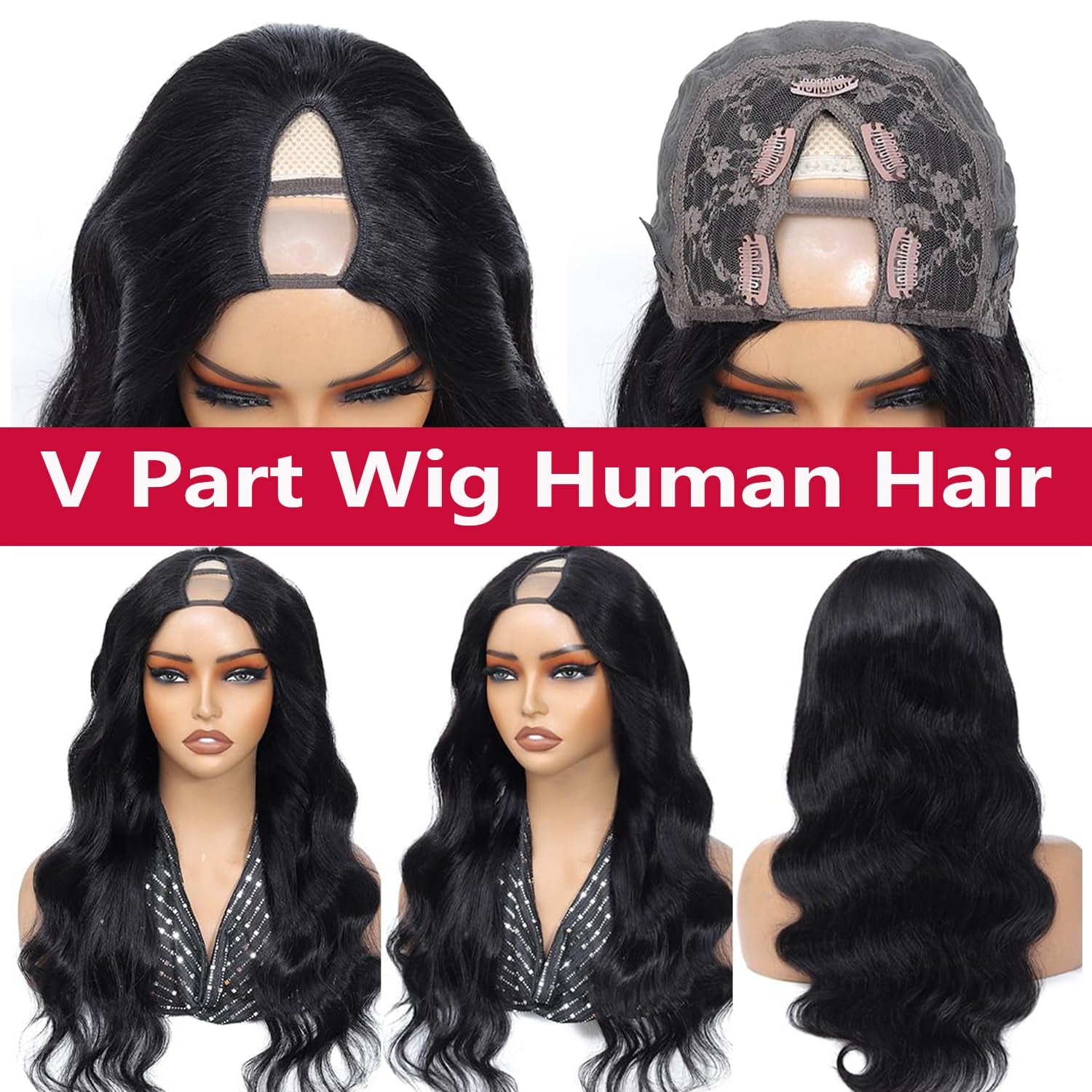 V Part Wig Human Hair Body Wave for Black Women Wigs Human Hair Glueless Wear and Go U Part Human Hair Wig 100% Body Wave Human Hair Wig Beginner Friendly 180% Density Natural Color (16 Inch)