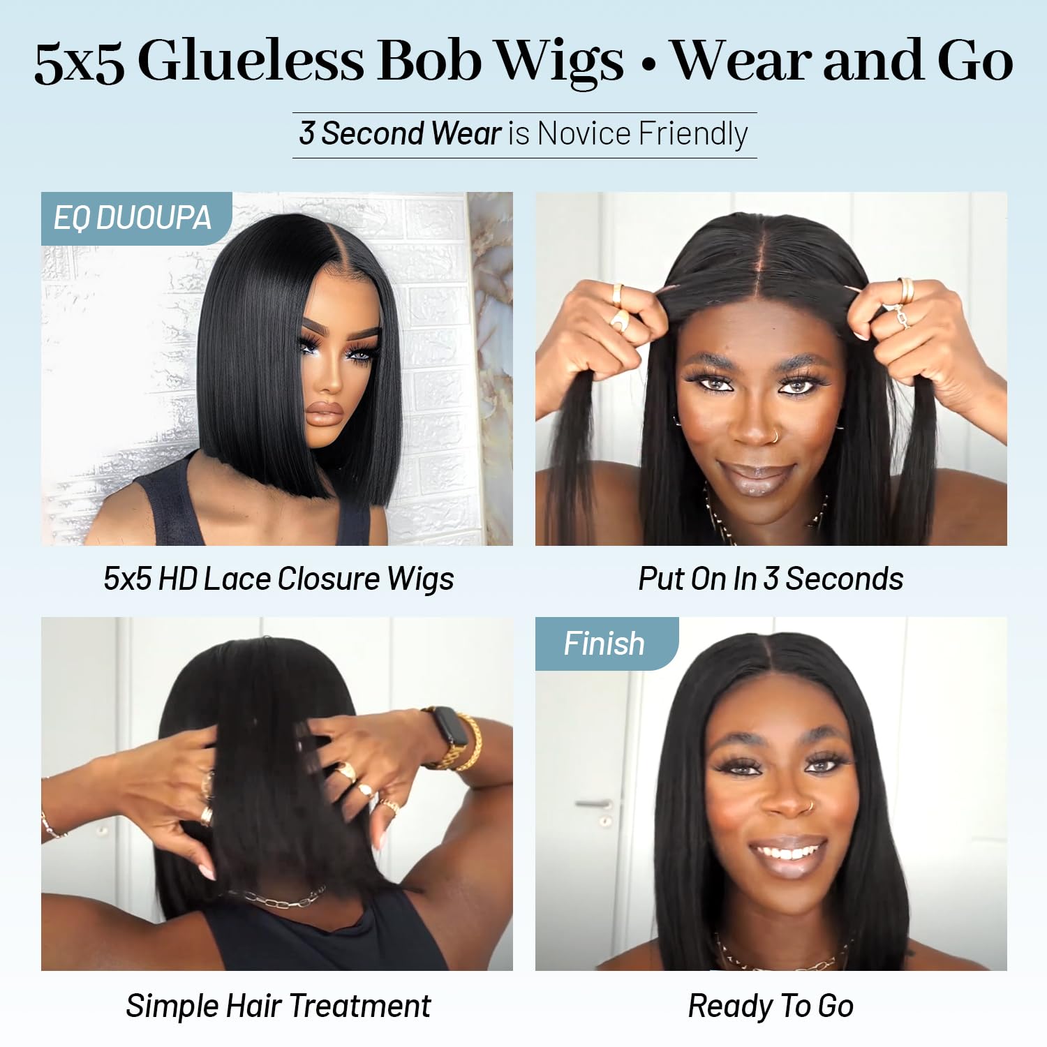 Wear and Go Glueless Bob Wig Human Hair Pre Plucked Pre Cut 180% Density 5x5 HD Transparent Lace Front Wigs Human Hair for Black Women Short Straight Bob Wigs No Glue Lace Closure Wigs 10 Inch