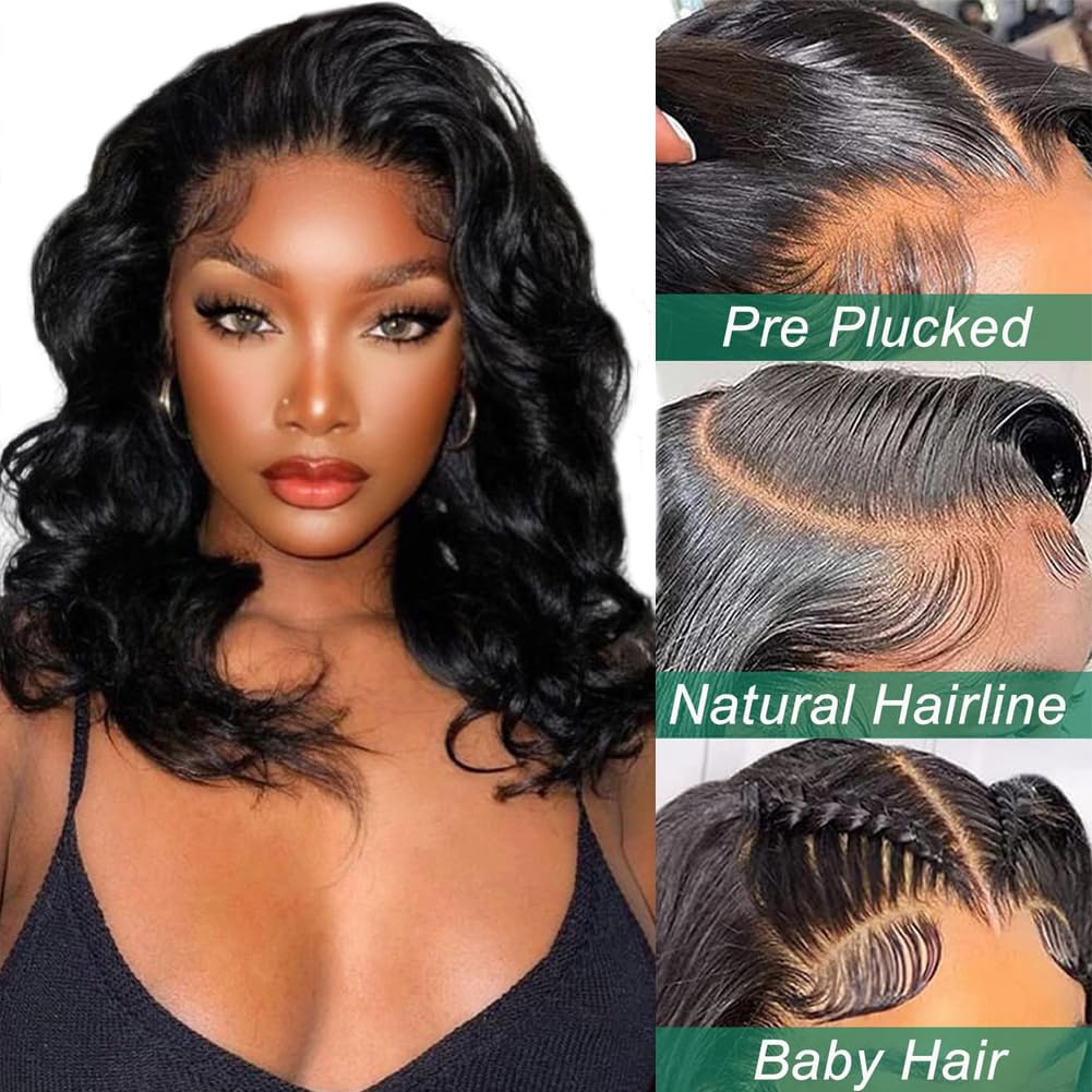 Douyin Bob Wig Human Hair 13x4 Frontal Lace Wig 14 Inch Body Wave 180% Density HD Lace Front Wigs Human Hair Pre Plucked Bob Wigs for Women Human Hair Wigs (14 inch, Natural Black)