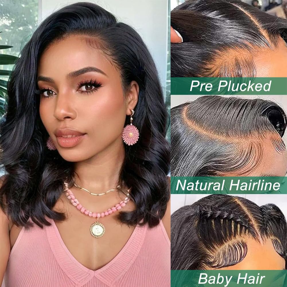 Douyin Bob Wig Human Hair 13x4 Frontal Lace Wig 14 Inch Body Wave 180% Density HD Lace Front Wigs Human Hair Pre Plucked Bob Wigs for Women Human Hair Wigs (14 inch, Natural Black)