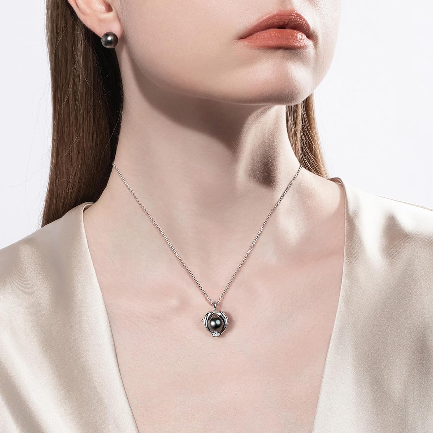 10-11MM Tahitian Black Pearl with Moissanite Dolphin Pendant Necklace, AAAA Handselected Black Pearls, D Color Moissanite, 18K White Gold Plated Sterling Silver, 45+2+3mm Adjustable Chain