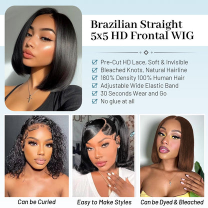 Wear and Go Glueless Bob Wig Human Hair Pre Plucked Pre Cut 180% Density 5x5 HD Transparent Lace Front Wigs Human Hair for Black Women Short Straight Bob Wigs No Glue Lace Closure Wigs 10 Inch