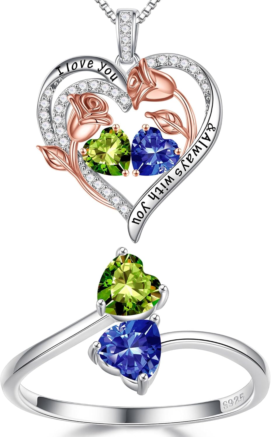 Iefil Double Birthstone Necklace and Double Birthstone Ring