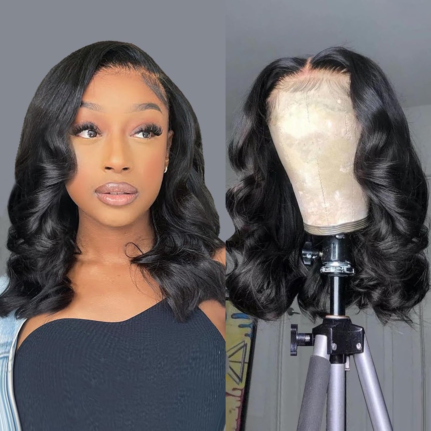 Douyin Bob Wig Human Hair 13x4 Frontal Lace Wig 14 Inch Body Wave 180% Density HD Lace Front Wigs Human Hair Pre Plucked Bob Wigs for Women Human Hair Wigs (14 inch, Natural Black)