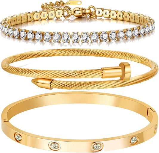 A D. ALLEN & DANMI. 18 K Gold Plated Love Bangle Bracelet Set Flexible Wide Wristband Bangle Bangle Set for Love