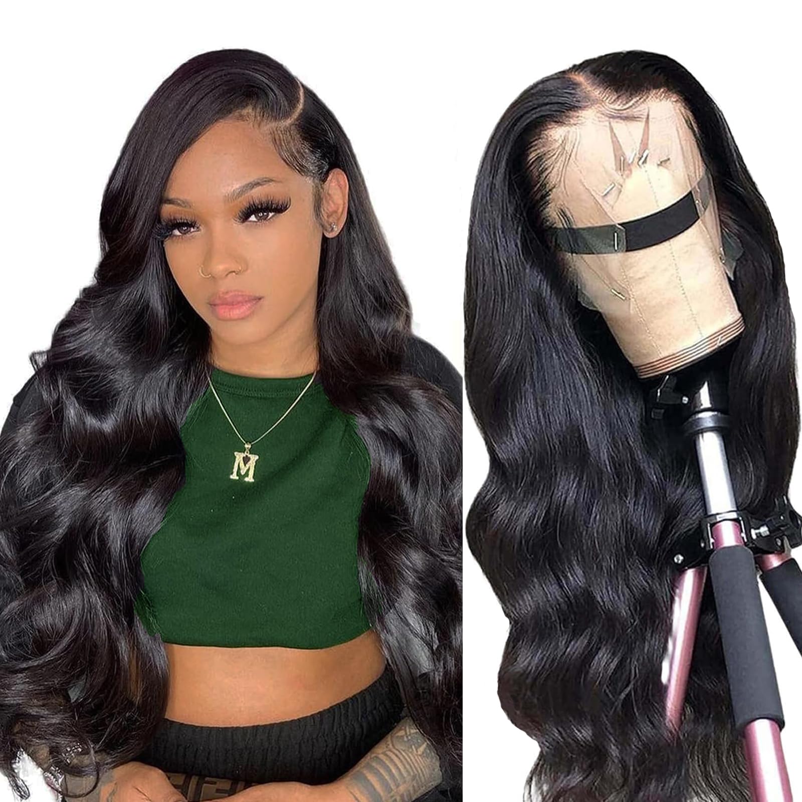 Douyin Bob Wig Human Hair 13x4 Frontal Lace Wig 14 Inch Body Wave 180% Density HD Lace Front Wigs Human Hair Pre Plucked Bob Wigs for Women Human Hair Wigs (14 inch, Natural Black)