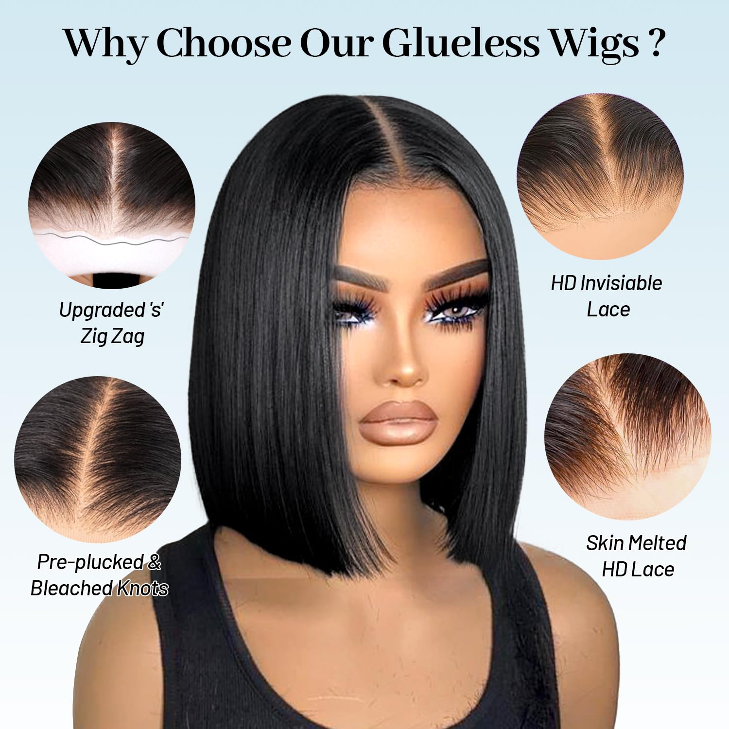 Wear and Go Glueless Bob Wig Human Hair Pre Plucked Pre Cut 180% Density 5x5 HD Transparent Lace Front Wigs Human Hair for Black Women Short Straight Bob Wigs No Glue Lace Closure Wigs 10 Inch