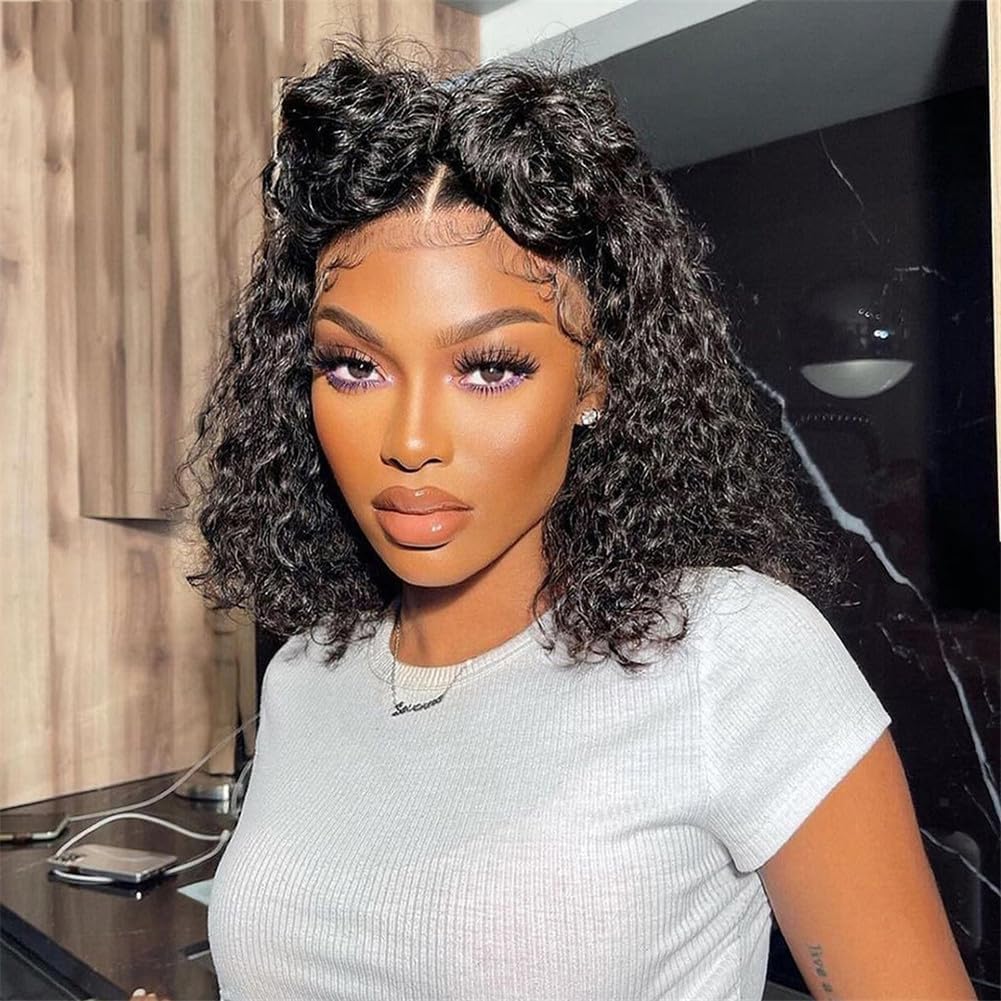 14 Inch Short Bob Wigs 13x4 Deep Wave Bob Wig Human Hair 180% Density Deep Curly 100% Virgin Human Hair Pre Plucked Wet and Wavy Glueless Transparent Lace Frontal Wig for Women Natural Hairline