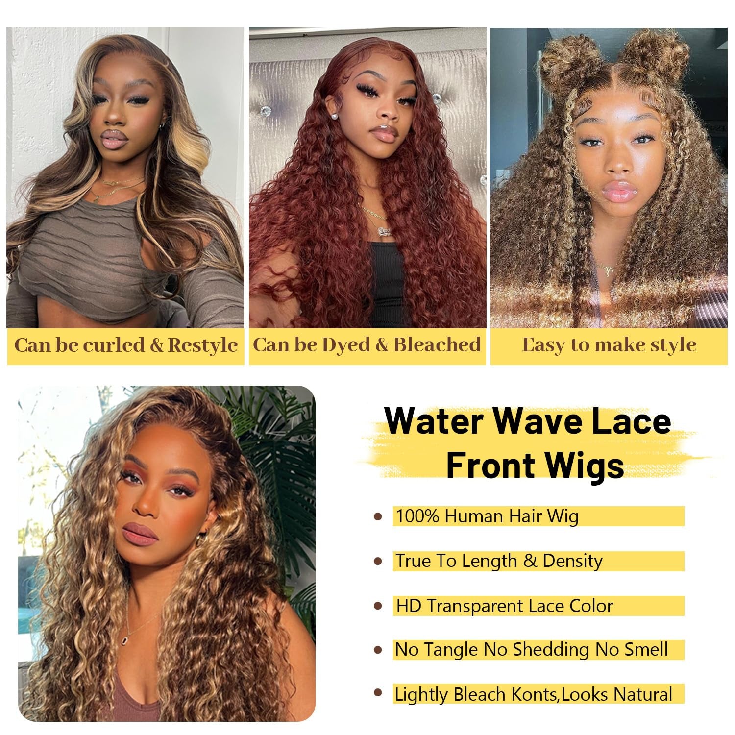 Highlight Ombre Lace Front Wig Human Hair 180% Density 4/27 Honey Blonde Water Wave Lace Frontal Wigs 26 Inch Wet and Wavy Curly Glueless Wigs Human Hair Pre Plucked with Baby Hair