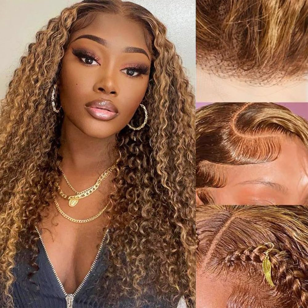 Highlight Ombre Lace Front Wig Human Hair 180% Density 4/27 Honey Blonde Water Wave Lace Frontal Wigs 26 Inch Wet and Wavy Curly Glueless Wigs Human Hair Pre Plucked with Baby Hair