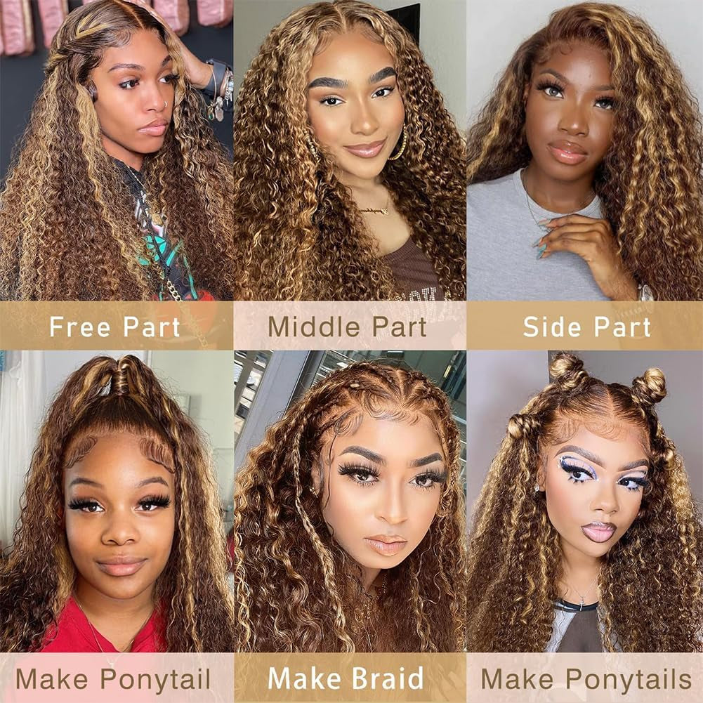 Ombre Lace Front Wig Human Hair 13X4 HD Transparent Deep Wave for Women 180% Density 4/27 Honey Blonde Colored Highlight Curly Glueless Wigs 20Inch Pre Plucked with Baby Hair