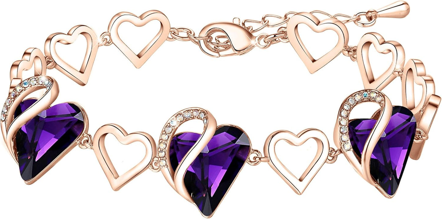 18K Rose Gold Plated Love Heart Link Bracelet with Healing Stone Crystal Jewelry Gifts for Women, 7" Chain + 2" Extender