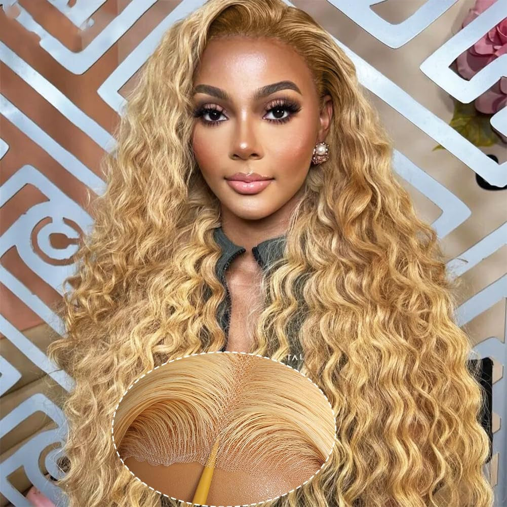 Honey Blonde Curly Wig Human Hair 18 Inch Blonde Deep Wave Lace Front Wig 13X4 Honey Blonde Glueless Curly Wig Pre Plucked Pre Cut 180% Density Honey Blonde Deep Wave Wig Human Hair