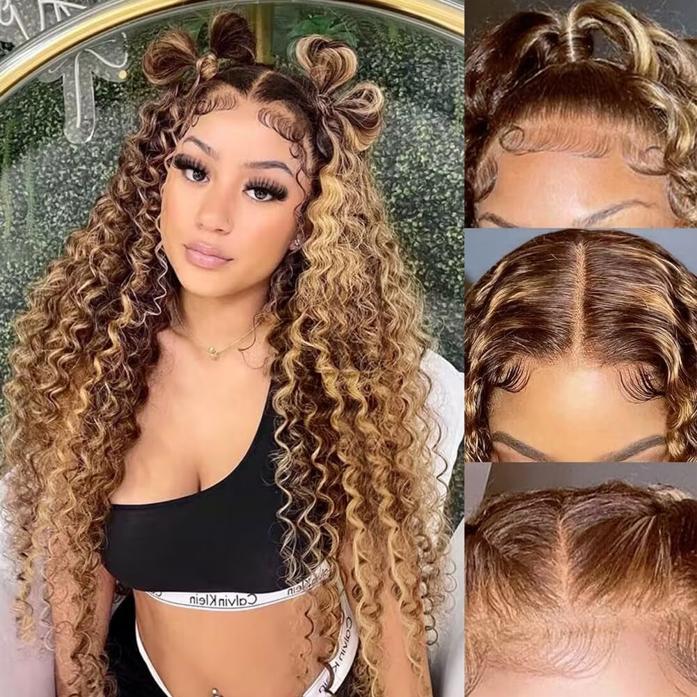 Ombre Lace Front Wig Human Hair 13X4 HD Transparent Deep Wave for Women 180% Density 4/27 Honey Blonde Colored Highlight Curly Glueless Wigs 20Inch Pre Plucked with Baby Hair