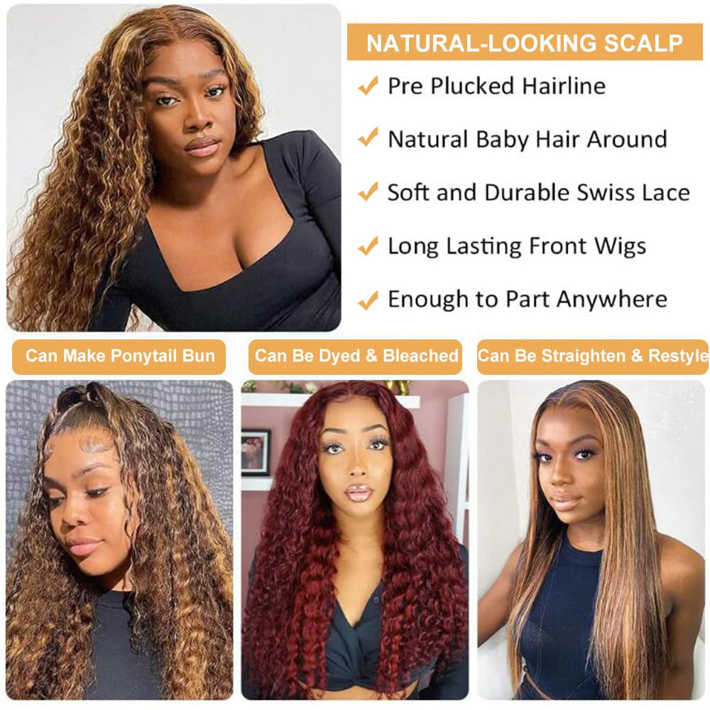 Ombre Lace Front Wig Human Hair 13X4 HD Transparent Deep Wave for Women 180% Density 4/27 Honey Blonde Colored Highlight Curly Glueless Wigs 20Inch Pre Plucked with Baby Hair