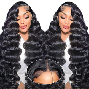 26 Inch Glueless Wigs Human Hair Pre Plucked Pre Cut 220% Density Deep Wave Lace Front Wigs Human Hair 7X5 Hd Closure Wigs Human Hair Glueless Wear and Go Curly Human Hair Wig Black Loose Wave Wig