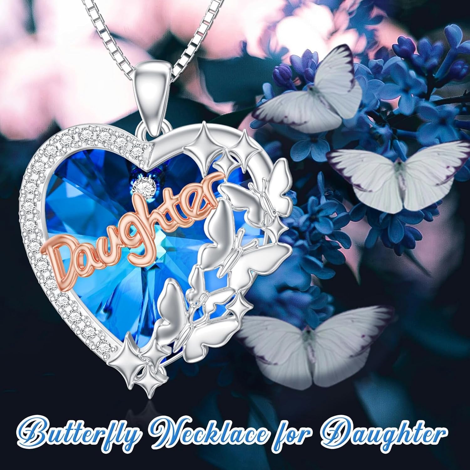 Butterfly Necklace for Daughter Women Sterling Silver Butterfly Blue Crystal Daughter Jewelry Gifts