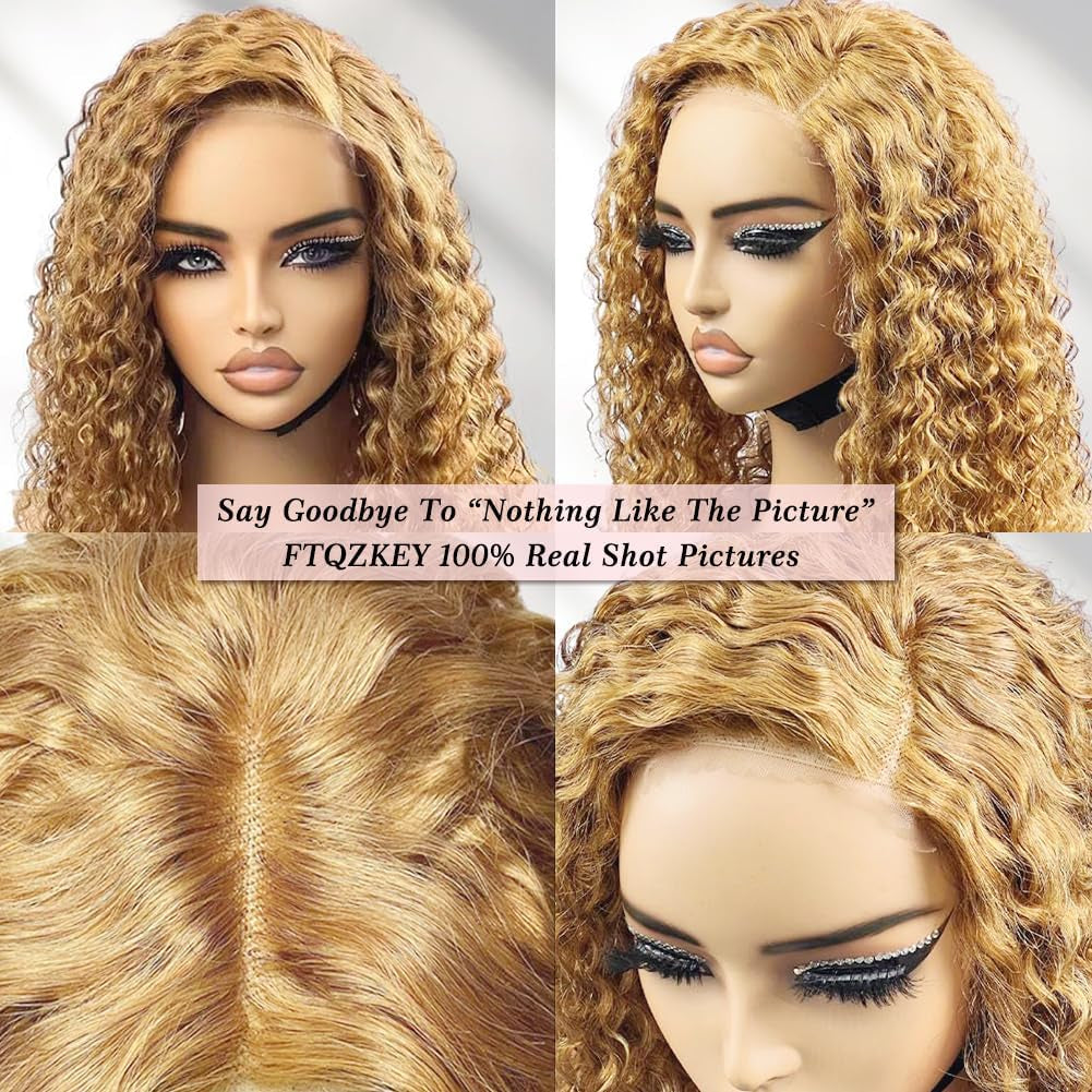 Honey Blonde Curly Wig Human Hair 18 Inch Blonde Deep Wave Lace Front Wig 13X4 Honey Blonde Glueless Curly Wig Pre Plucked Pre Cut 180% Density Honey Blonde Deep Wave Wig Human Hair