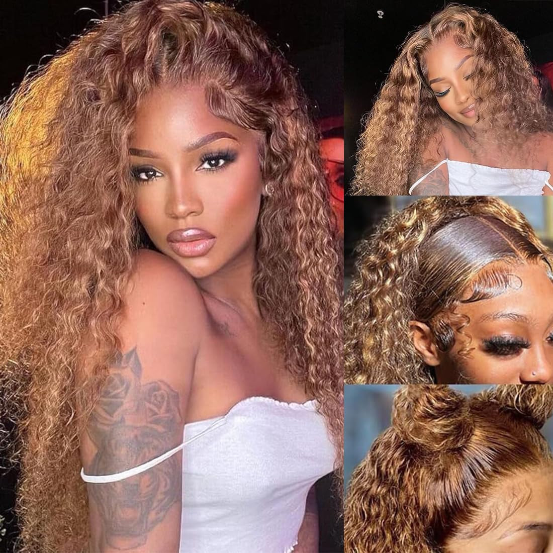 Ombre Lace Front Wig Human Hair 13X4 HD Transparent Deep Wave for Women 180% Density 4/27 Honey Blonde Colored Highlight Curly Glueless Wigs 20Inch Pre Plucked with Baby Hair