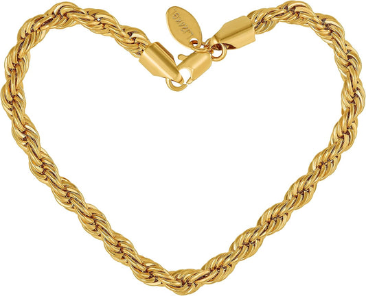 6Mm Rope Chain Bracelets for Women and Men 24K Real Gold Plated