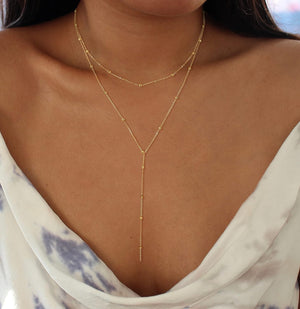 Lariat Gold Necklace for Women, Dainty Long Necklace 14K Gold Plated/Silver Y-Shaped Pendant Necklace Trendy Layered Cz Beaded Chain Drop Necklaces Simple Gold Jewelry for Women Gift