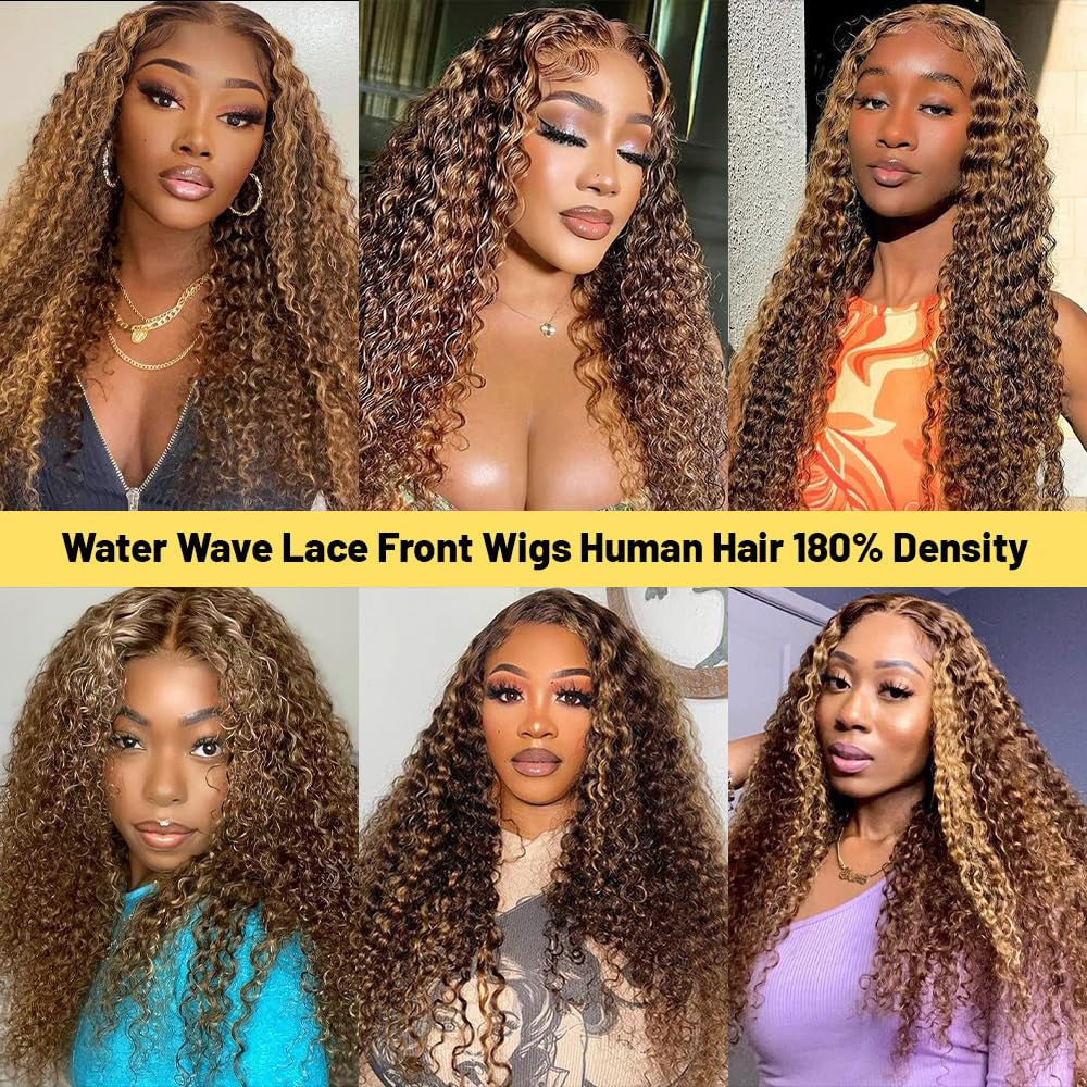 Highlight Ombre Lace Front Wig Human Hair 180% Density 4/27 Honey Blonde Water Wave Lace Frontal Wigs 26 Inch Wet and Wavy Curly Glueless Wigs Human Hair Pre Plucked with Baby Hair